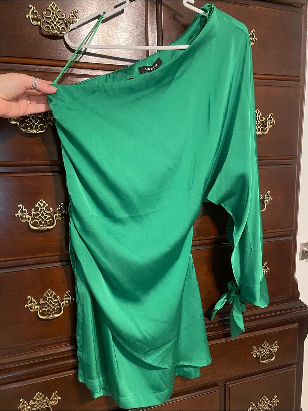 Satin One-Shoulder Emerald Green Dress by SABA